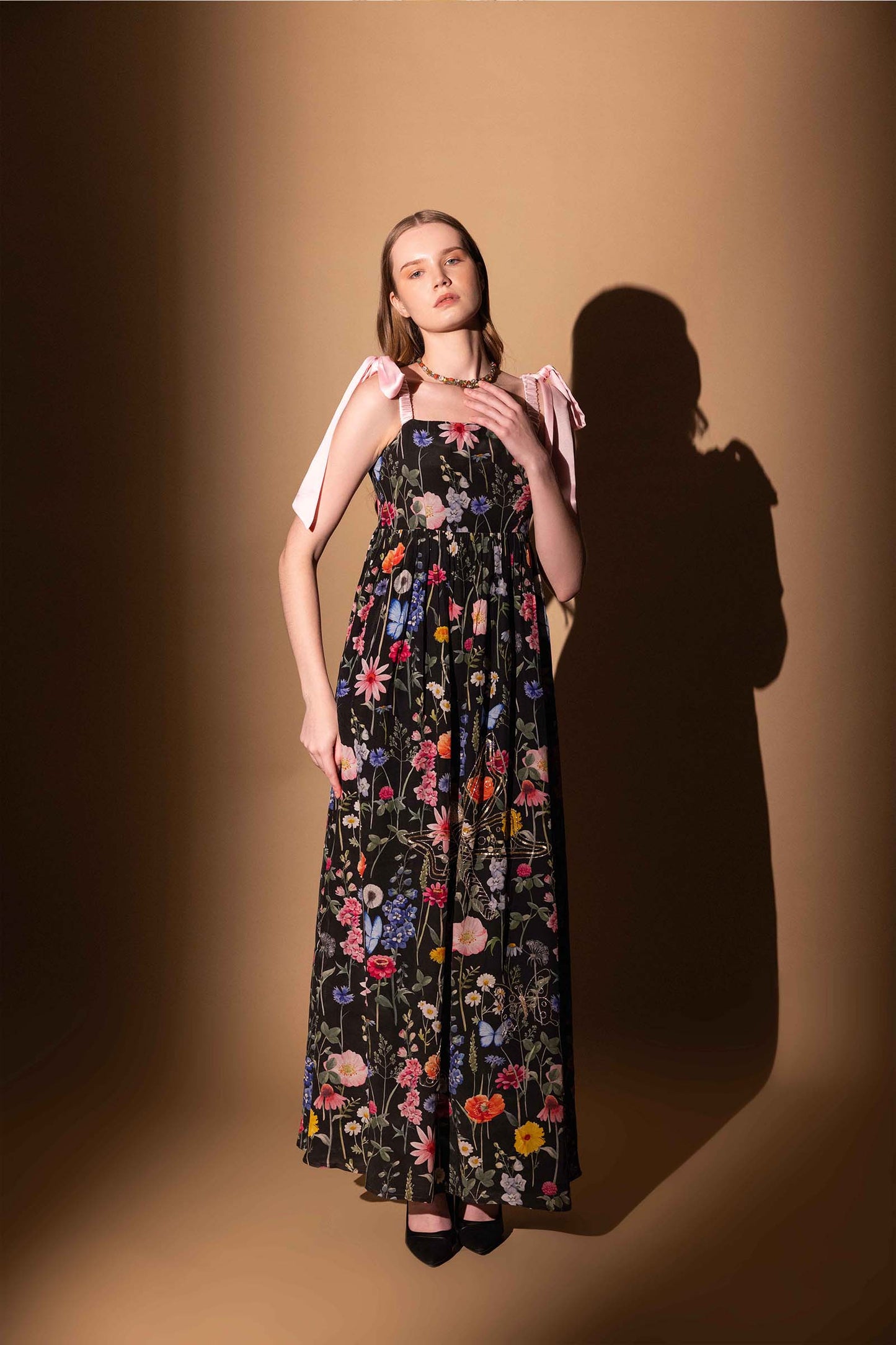 BLACK BLOSSOM CREPE GOWN