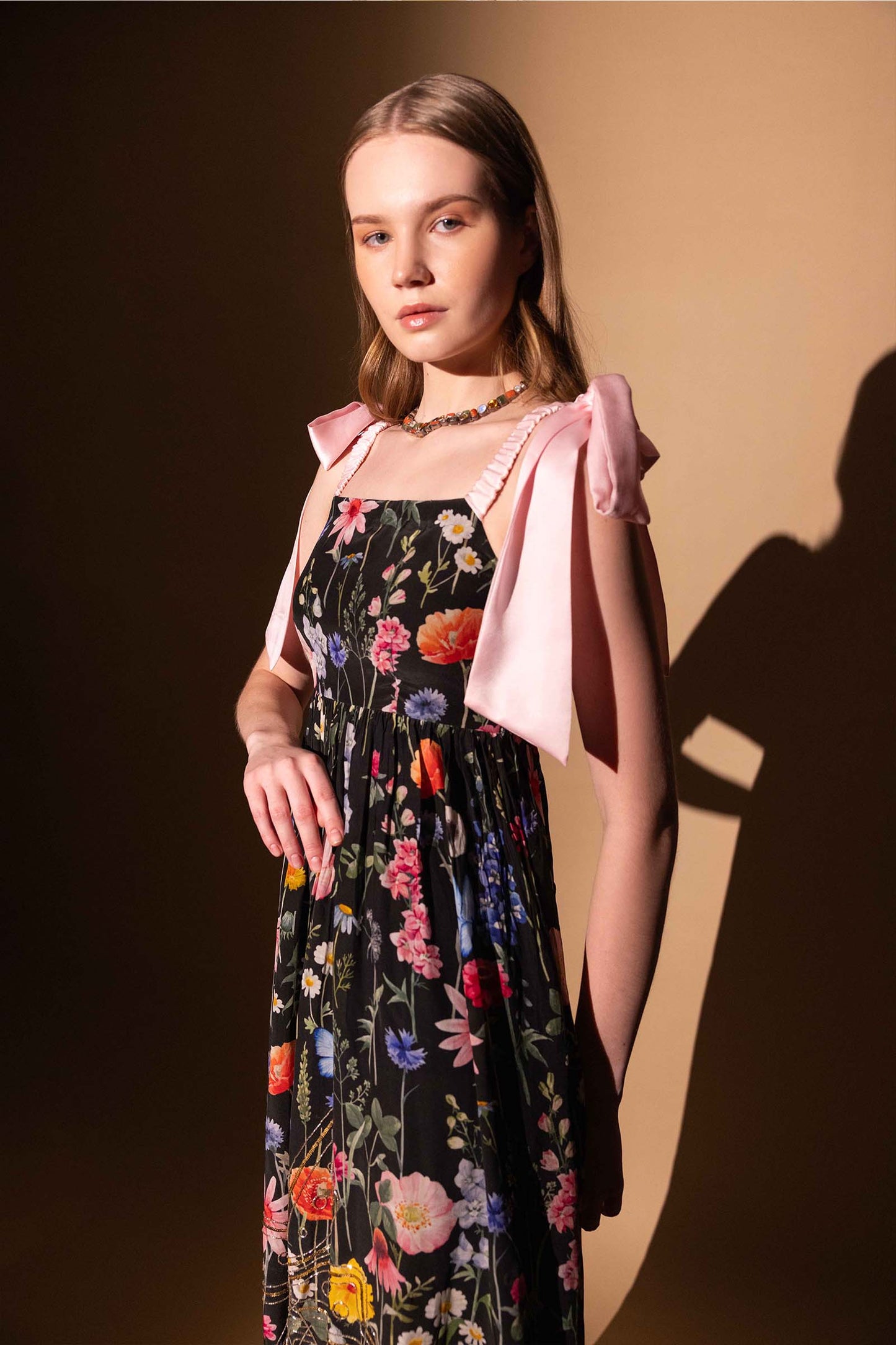 BLACK BLOSSOM CREPE GOWN
