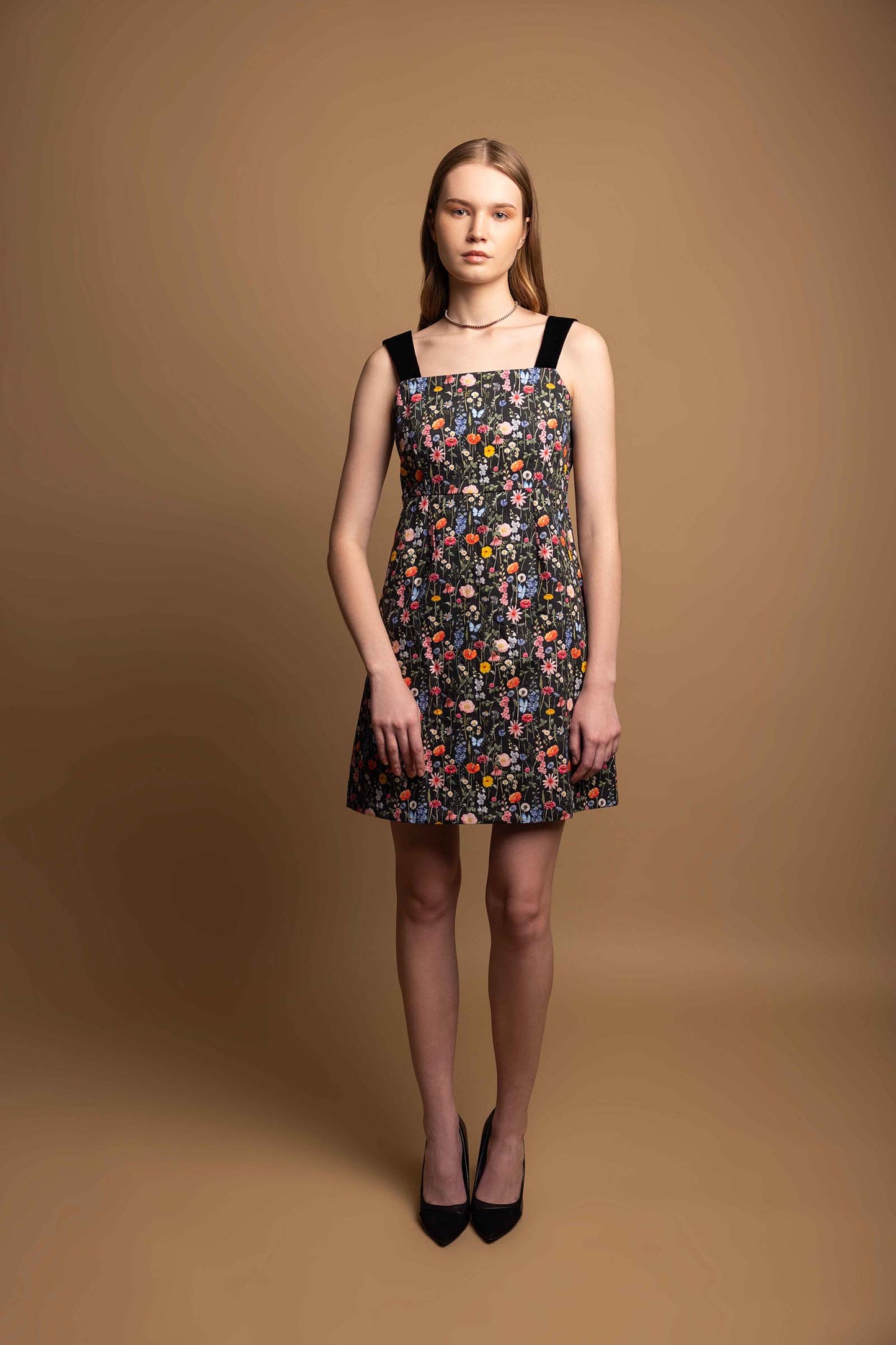 BLACK BLOSSOM MINI VELVET STRAP DRESS
