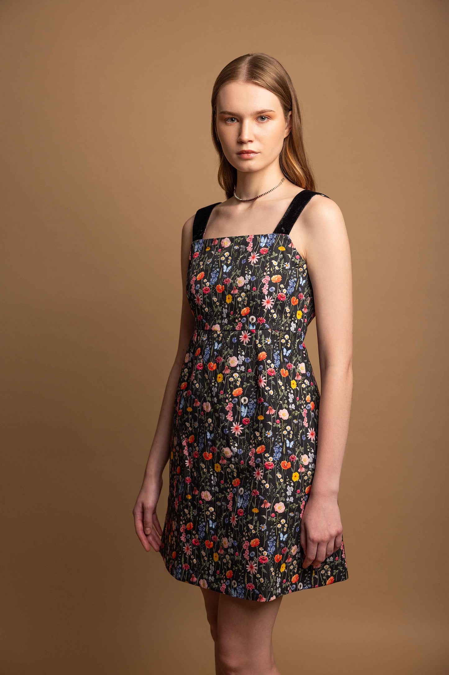 BLACK BLOSSOM MINI VELVET STRAP DRESS