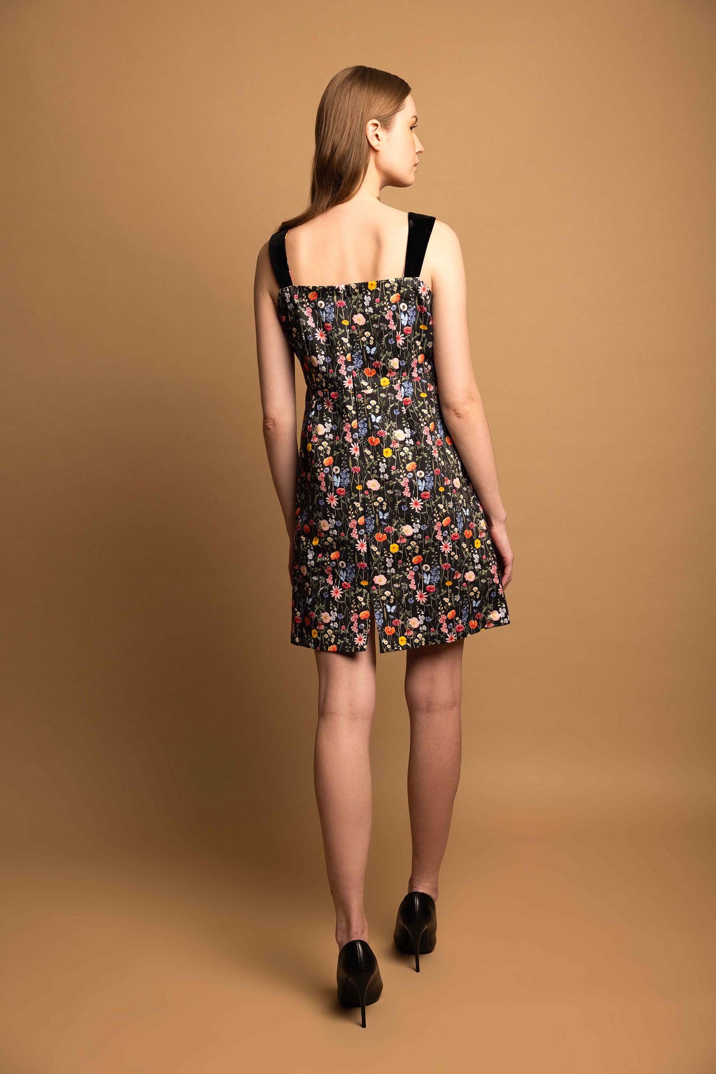 BLACK BLOSSOM MINI VELVET STRAP DRESS