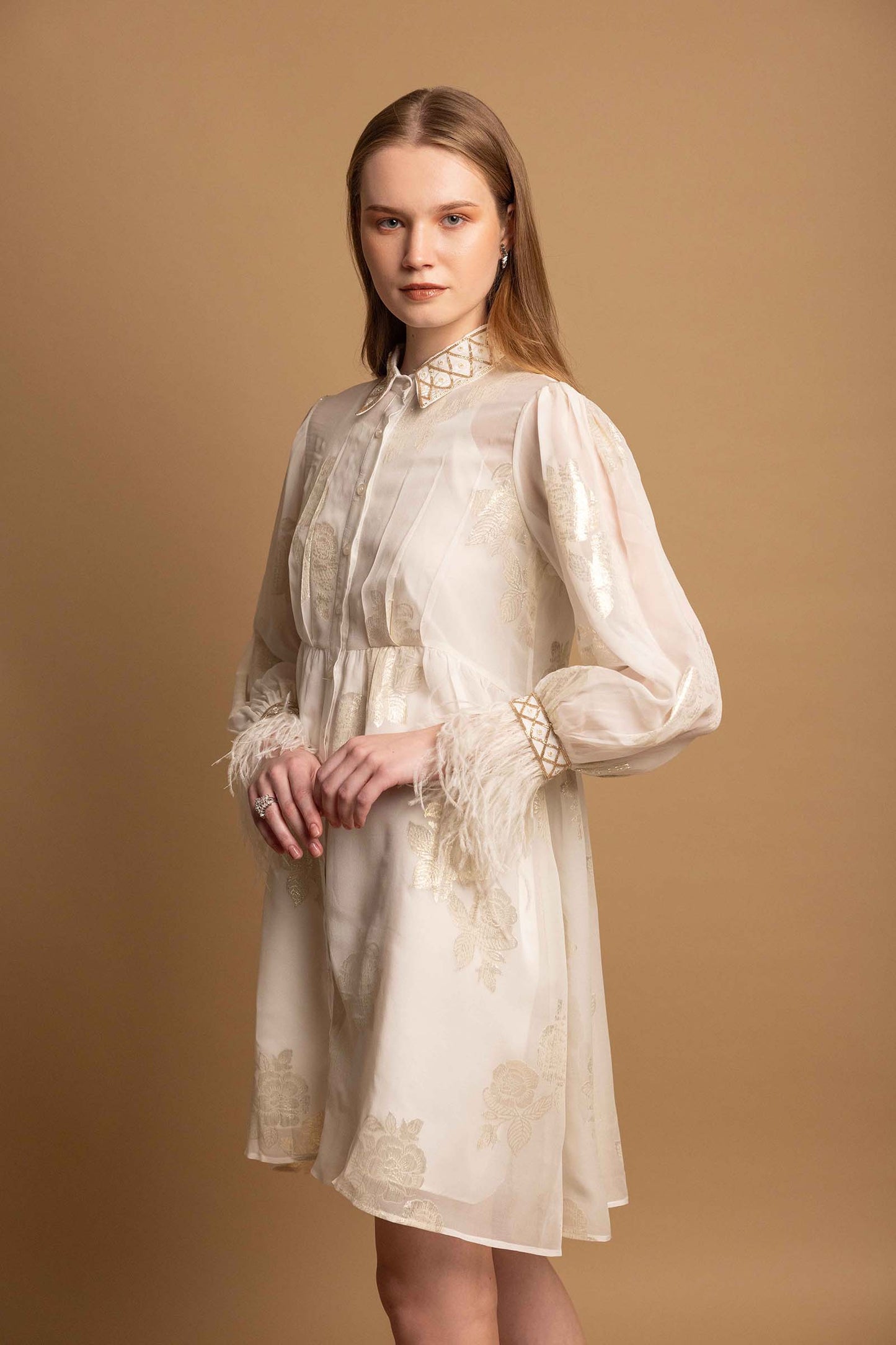 White Metallic Roses Embellished Fur Dress