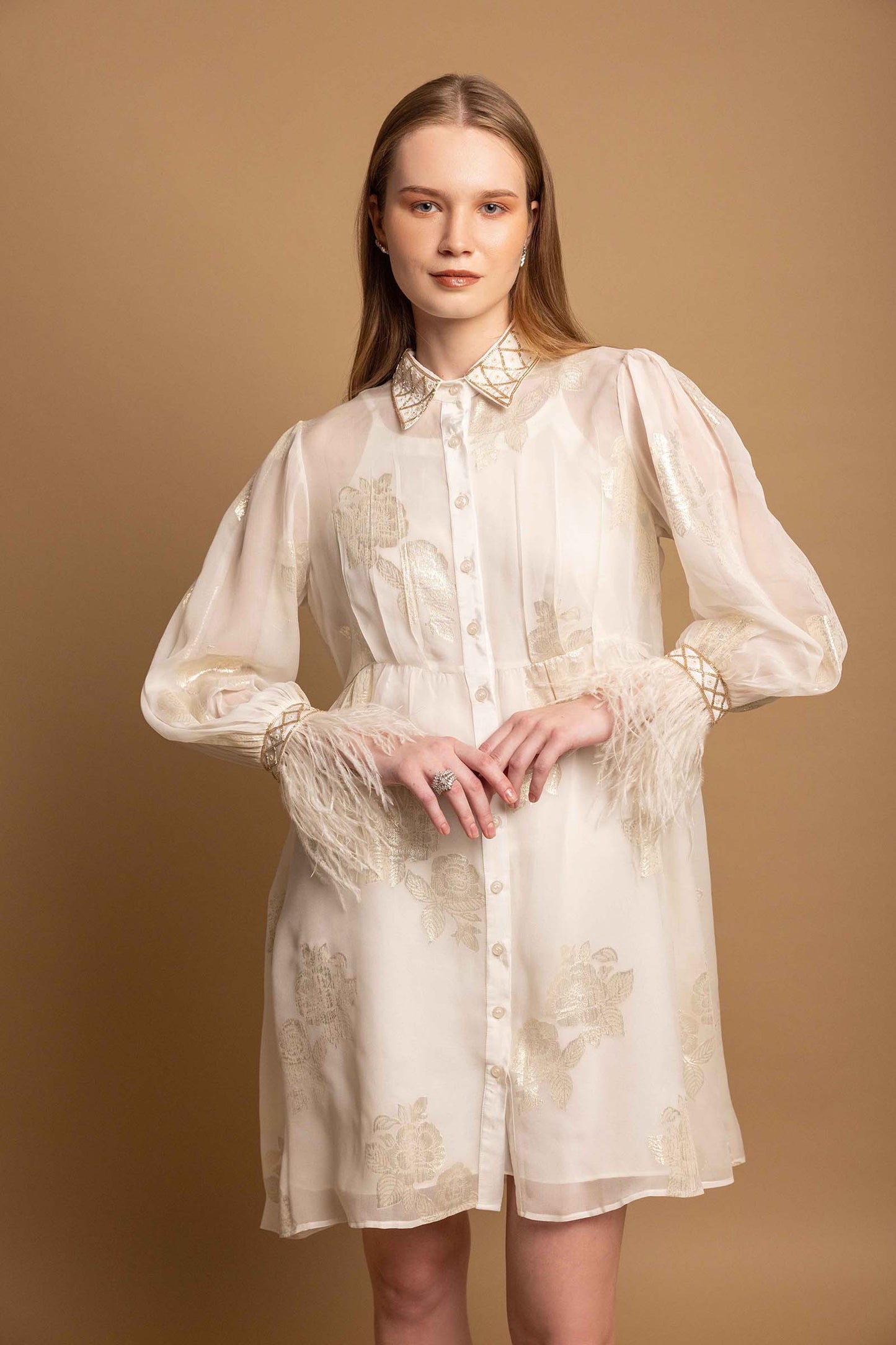 White Metallic Roses Embellished Fur Dress