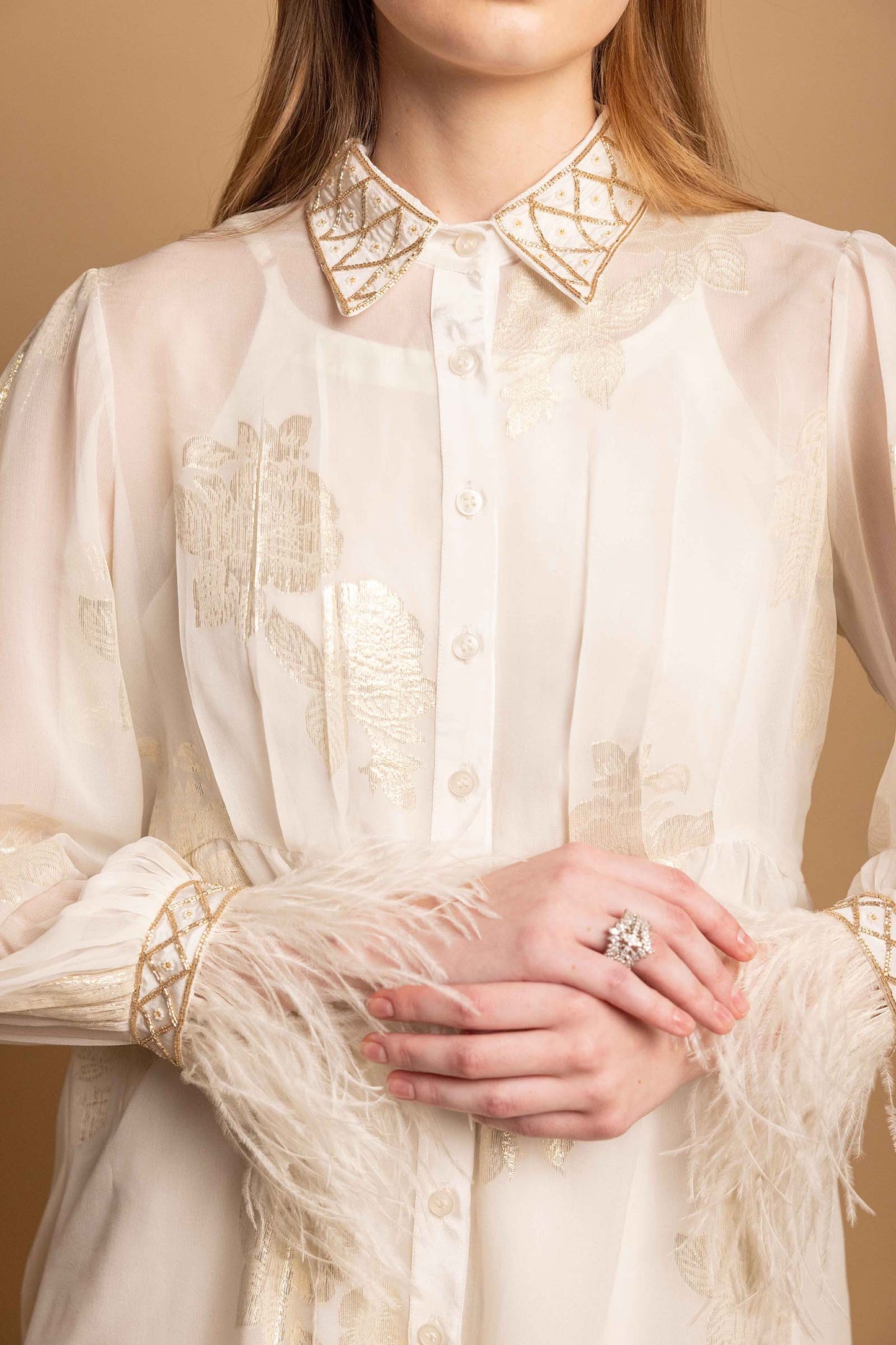 White Metallic Roses Embellished Fur Dress