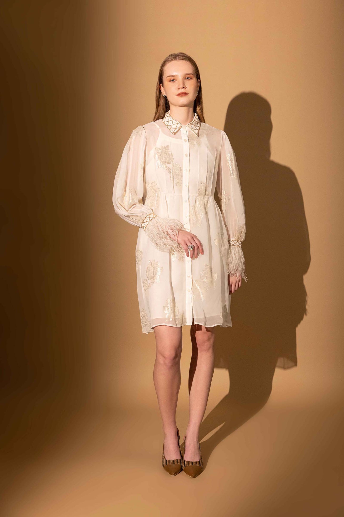 White Metallic Roses Embellished Fur Dress