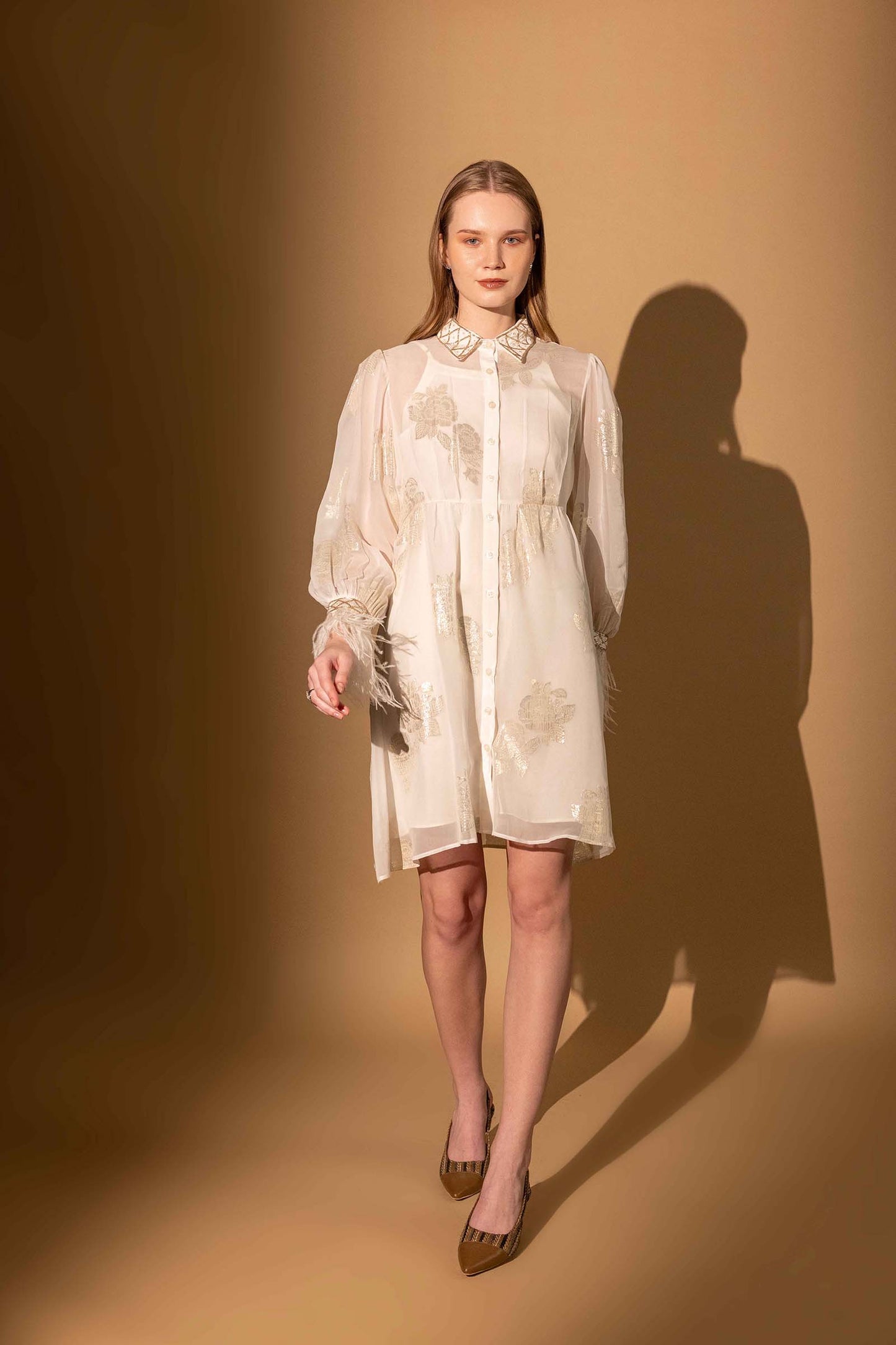 White Metallic Roses Embellished Fur Dress