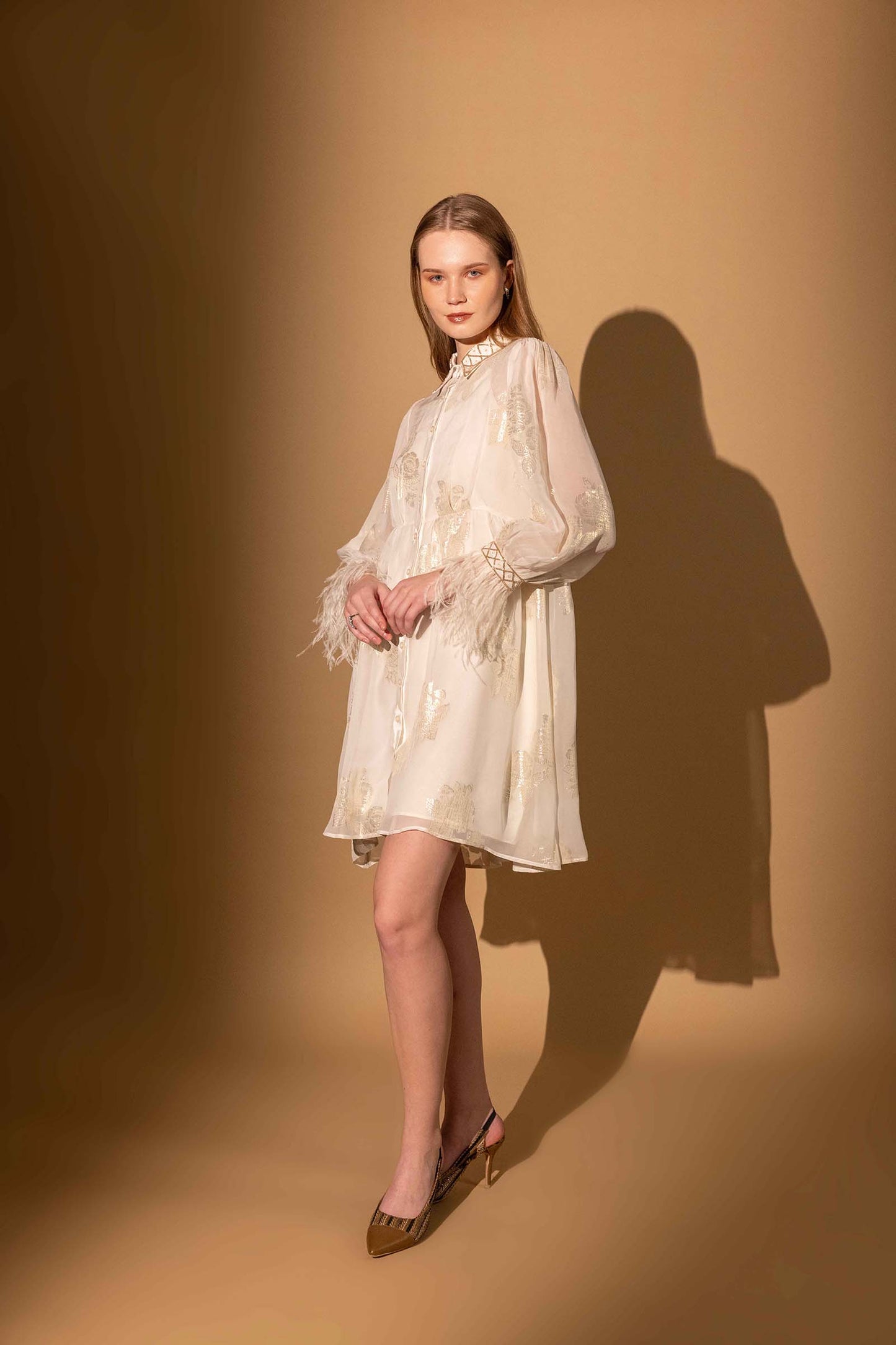 White Metallic Roses Embellished Fur Dress
