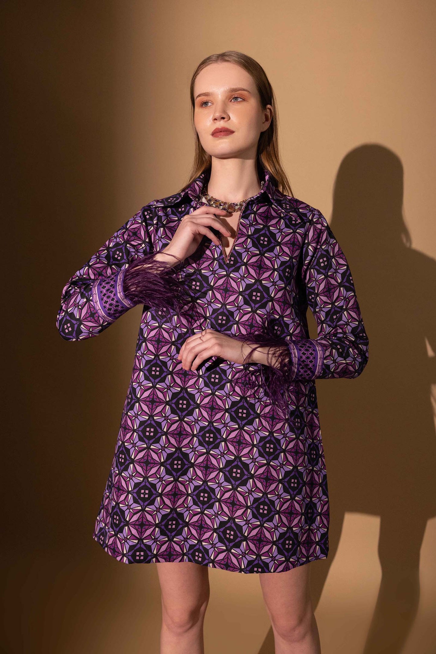 SHARP VIOLET MINI DRESS WITH FEATHERS