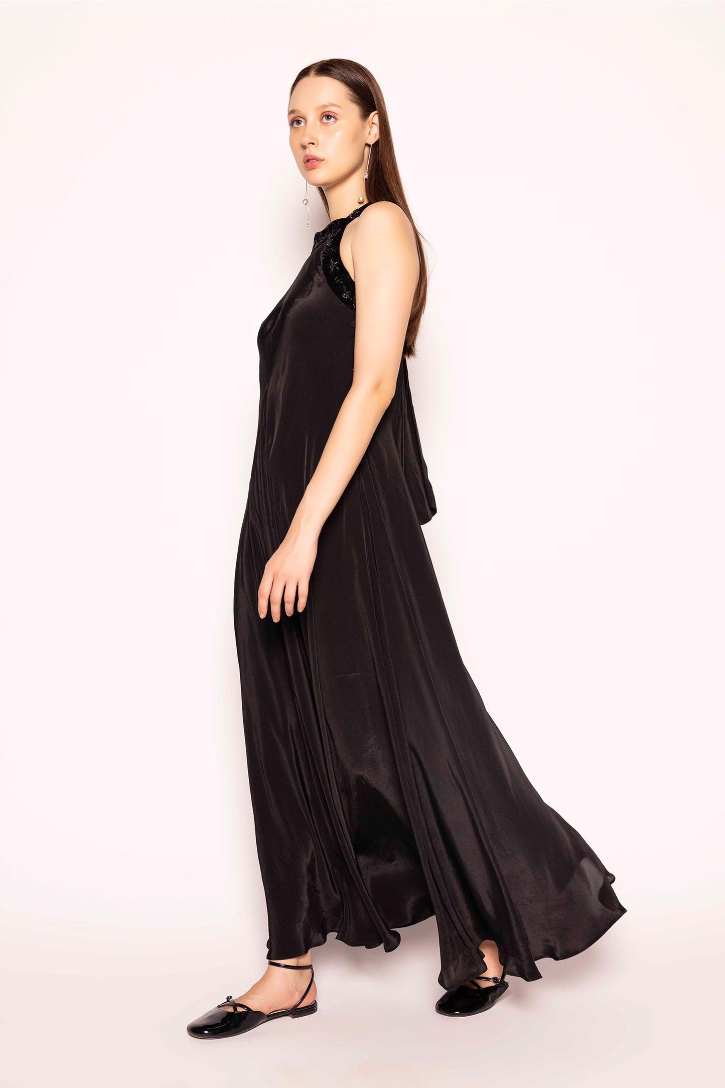 BLACK SILK EMBELLISHED STRAP GOWN