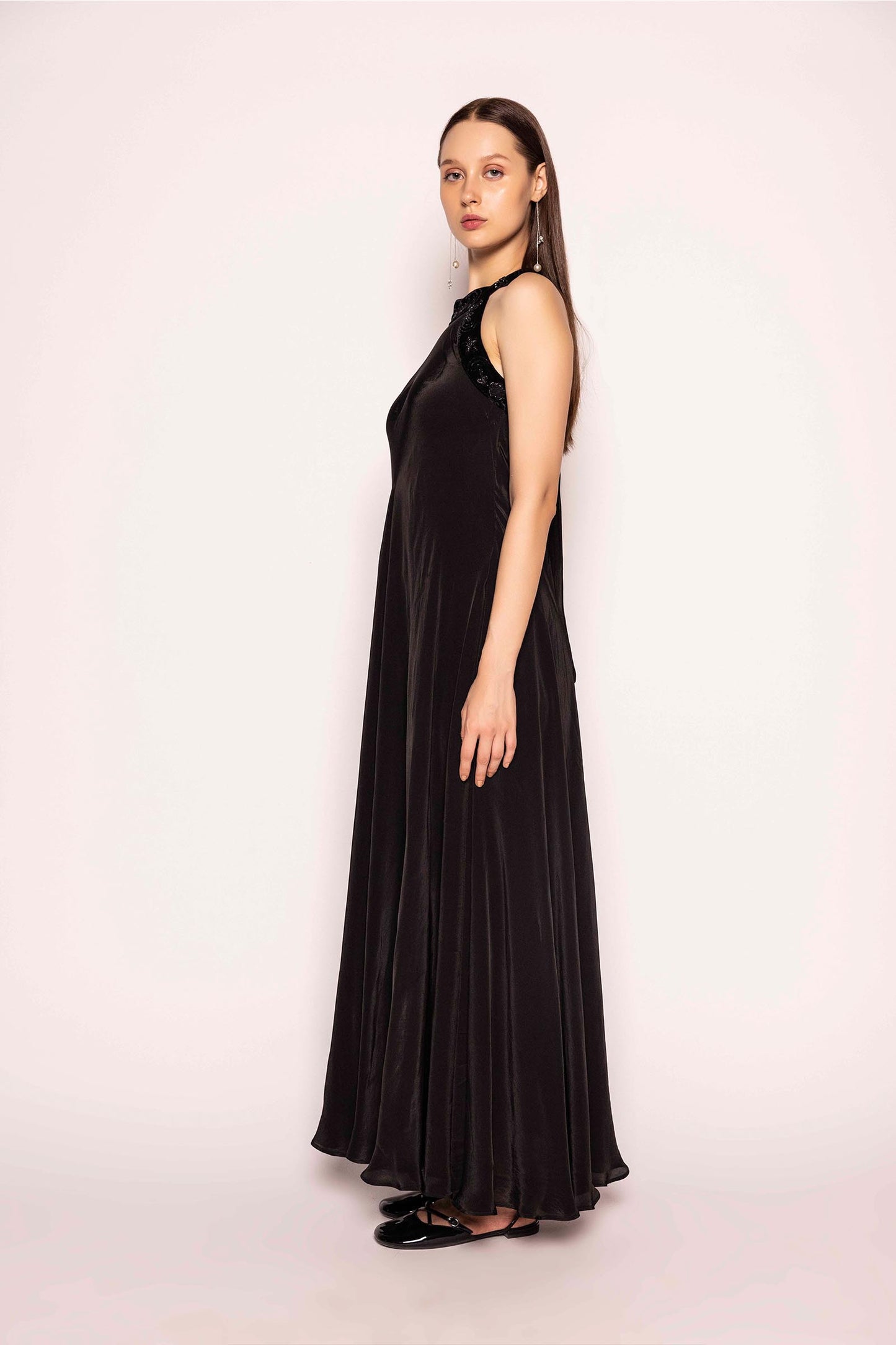 BLACK SILK EMBELLISHED STRAP GOWN