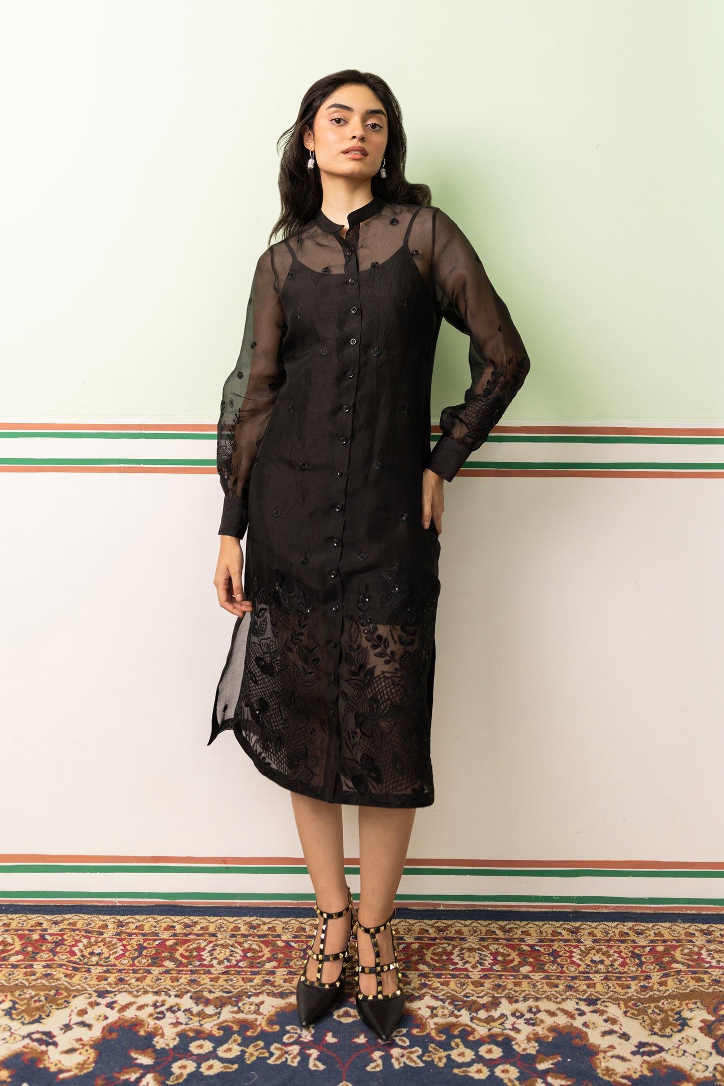 BLACK GARDEN OF FLOWERS SHIRT DRESS