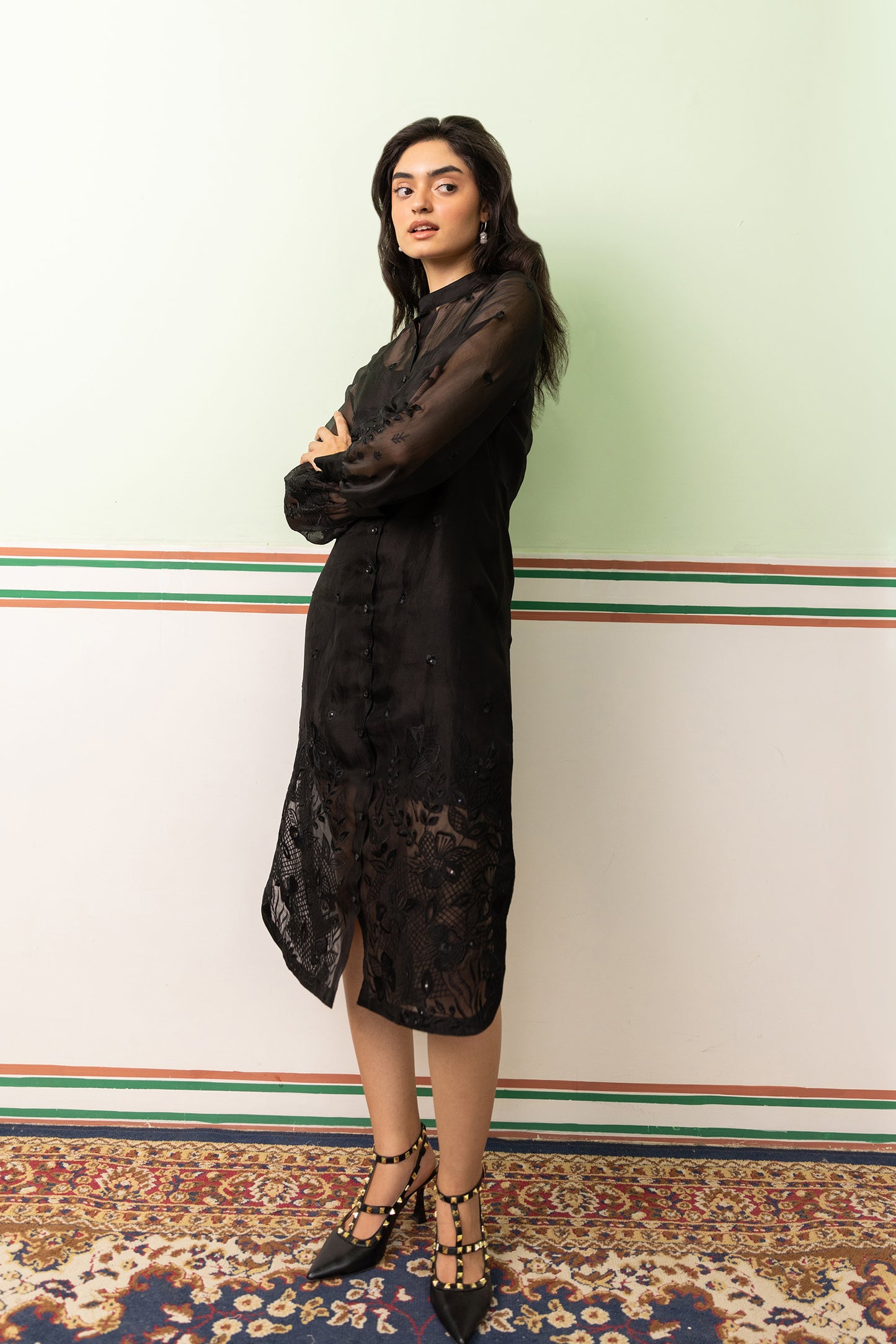 BLACK GARDEN OF FLOWERS SHIRT DRESS