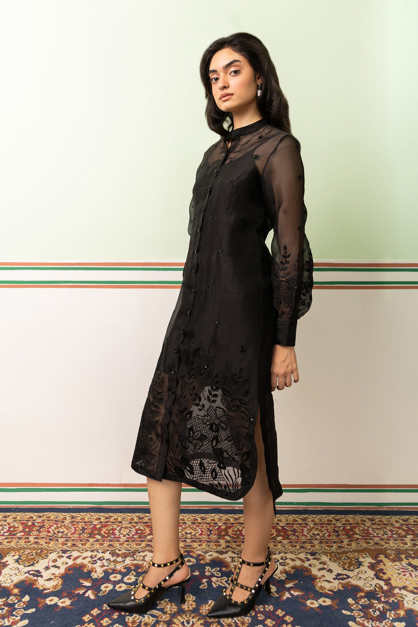BLACK GARDEN OF FLOWERS SHIRT DRESS