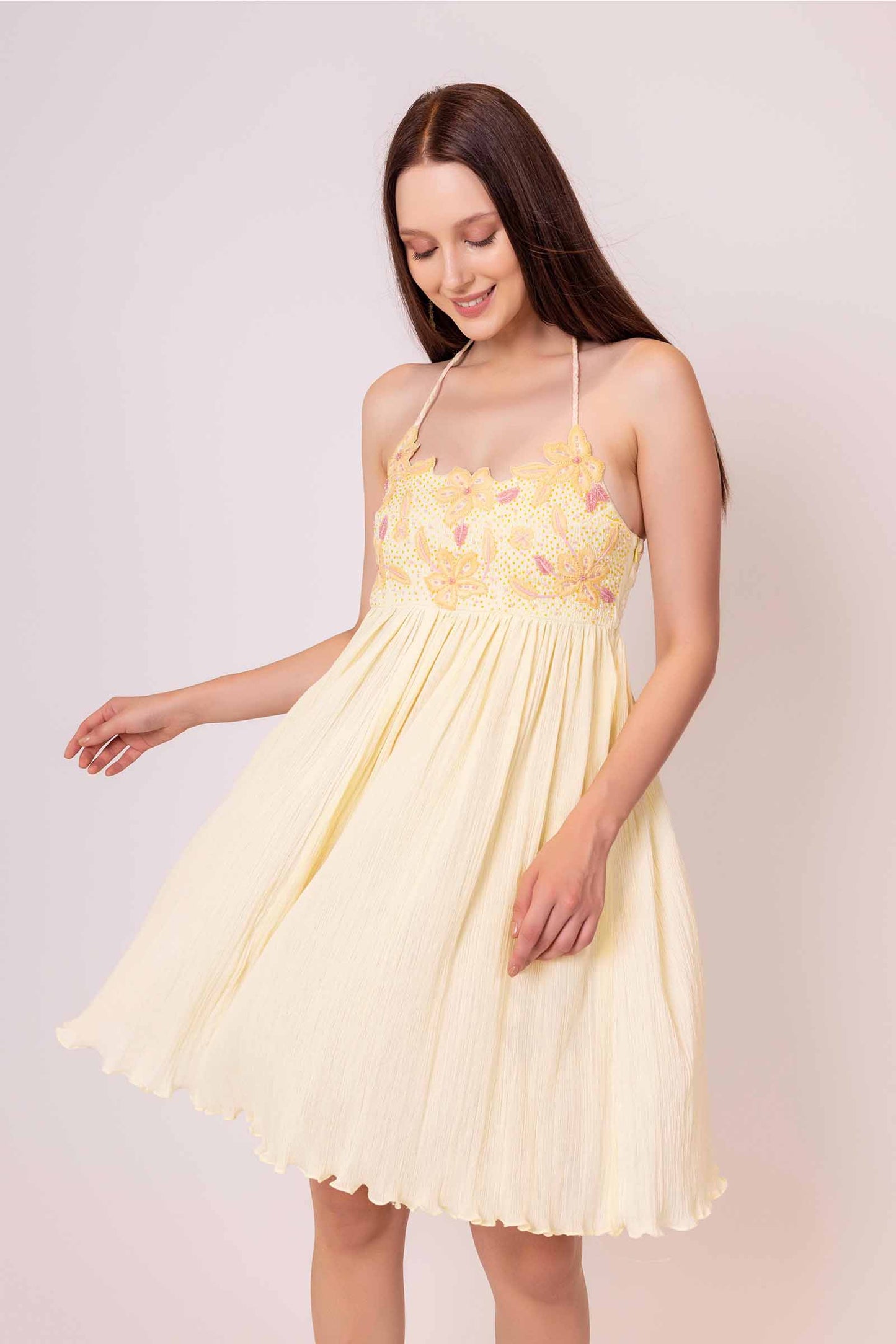 Iris Yellow Embellished Cut Work Short Dress