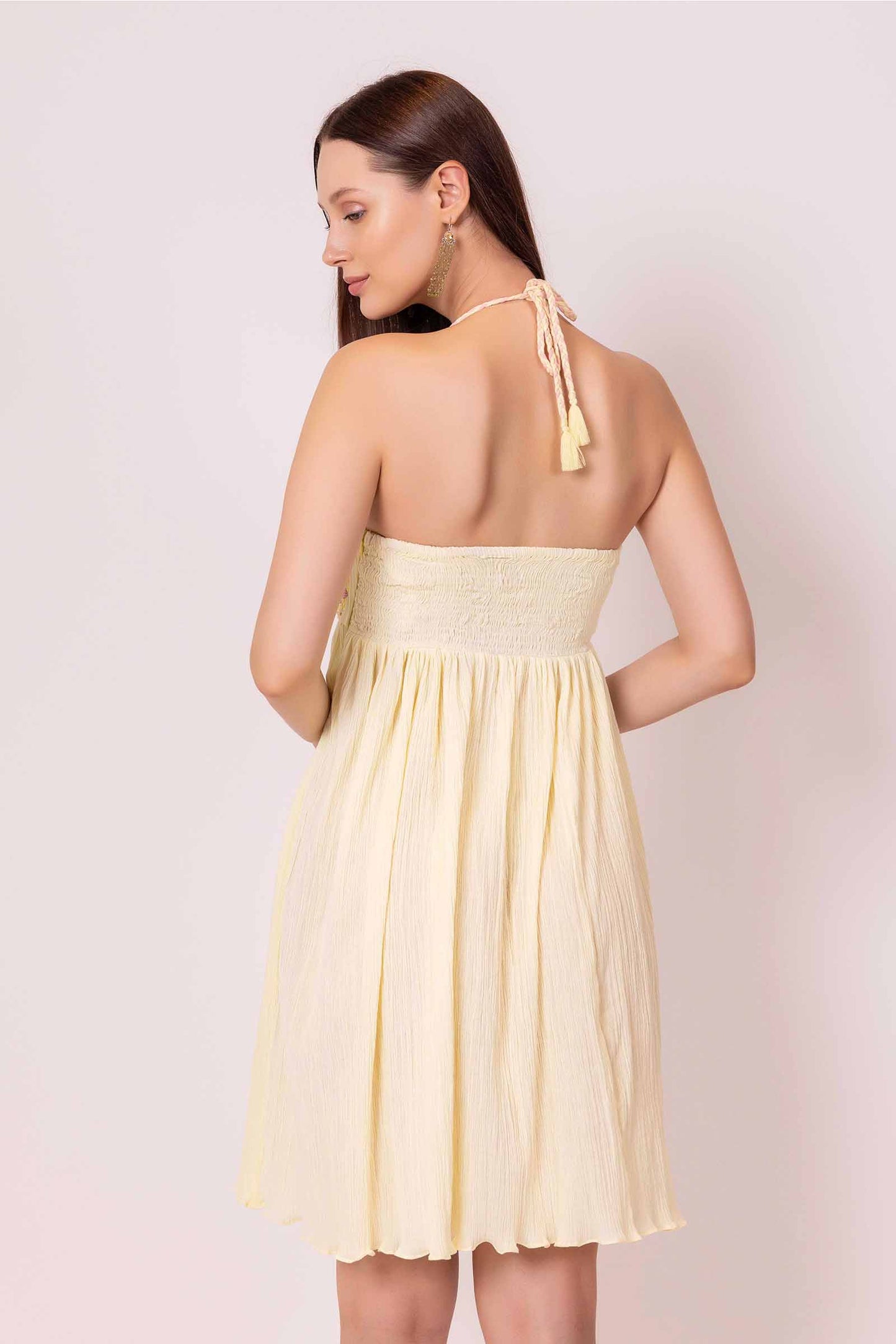 Iris Yellow Embellished Cut Work Short Dress