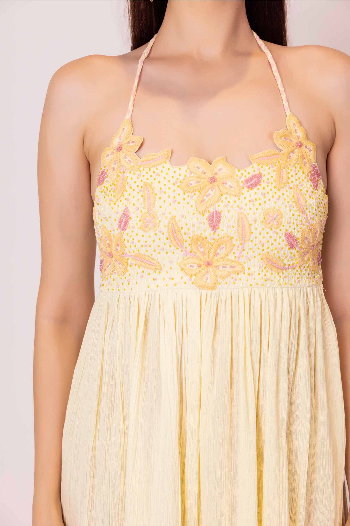Iris Yellow Embellished Cut Work Short Dress