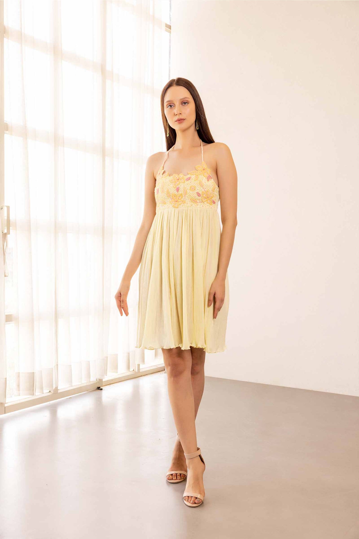 Iris Yellow Embellished Cut Work Short Dress