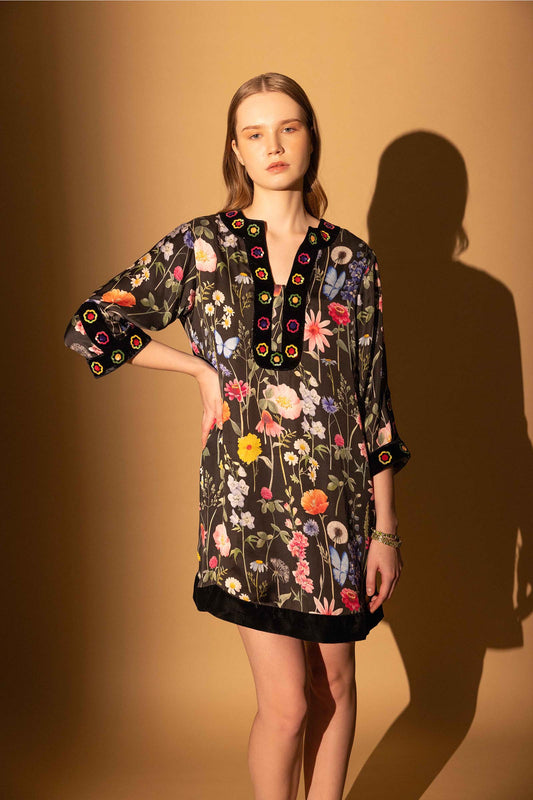 BLACK BLOSSOM TUNIC DRESS EMBELLISHED