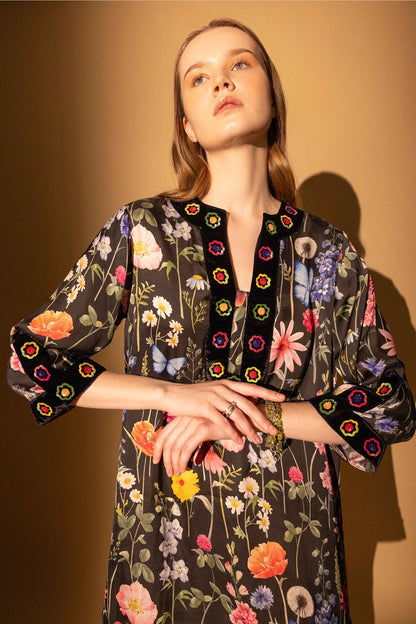 BLACK BLOSSOM TUNIC DRESS EMBELLISHED