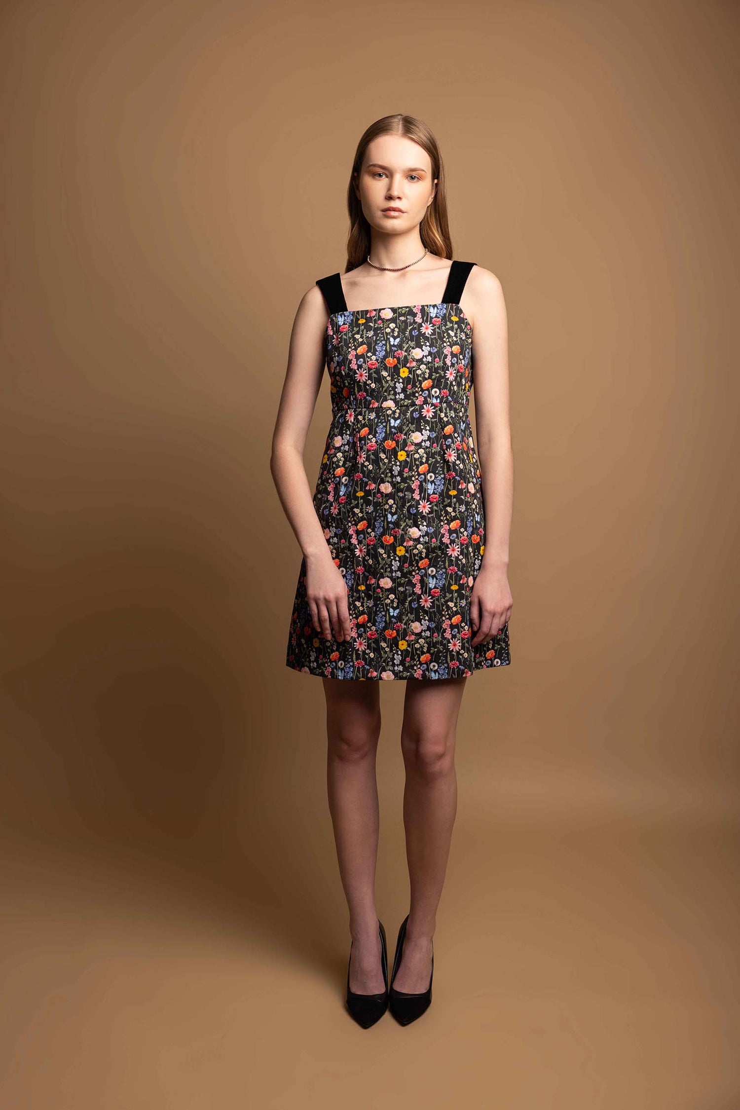 BLACK BLOSSOM MINI VELVET STRAP DRESS