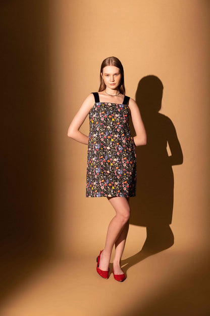 BLACK BLOSSOM MINI VELVET STRAP DRESS