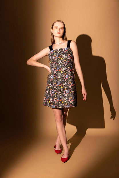 BLACK BLOSSOM MINI VELVET STRAP DRESS