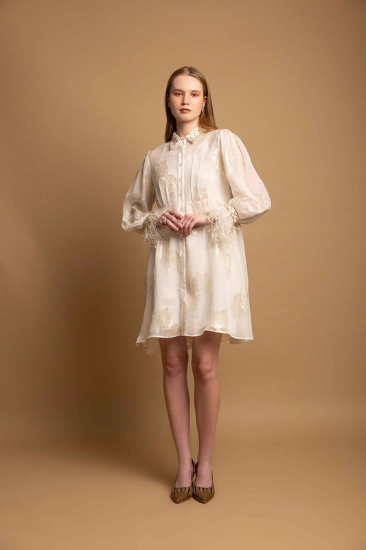 White Metallic Roses Embellished Fur Dress