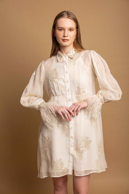 White Metallic Roses Embellished Fur Dress