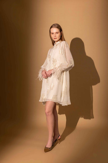 White Metallic Roses Embellished Fur Dress