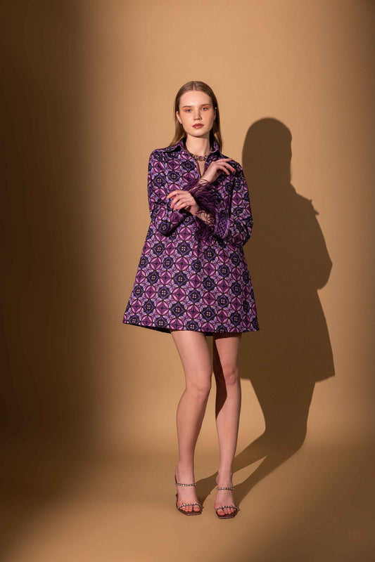 SHARP VIOLET MINI DRESS WITH FEATHERS
