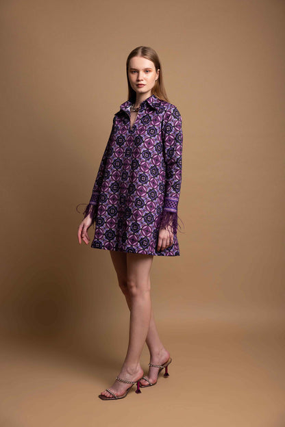 SHARP VIOLET MINI DRESS WITH FEATHERS