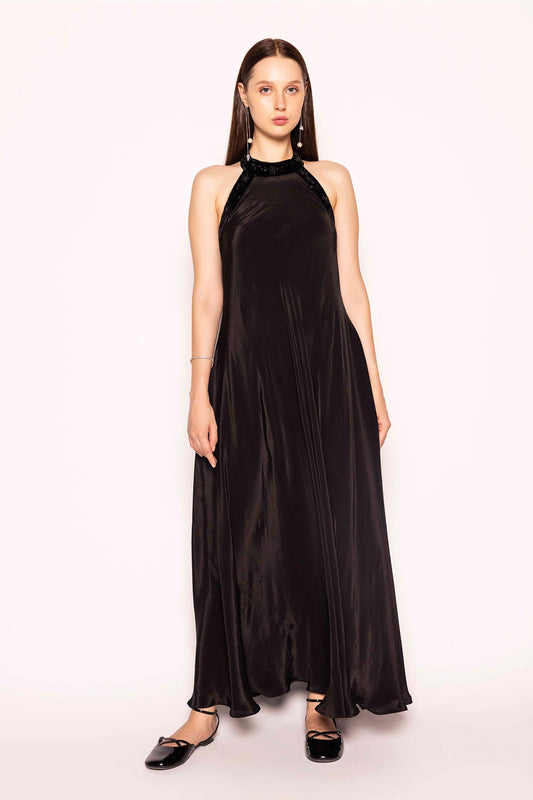 BLACK SILK EMBELLISHED STRAP GOWN