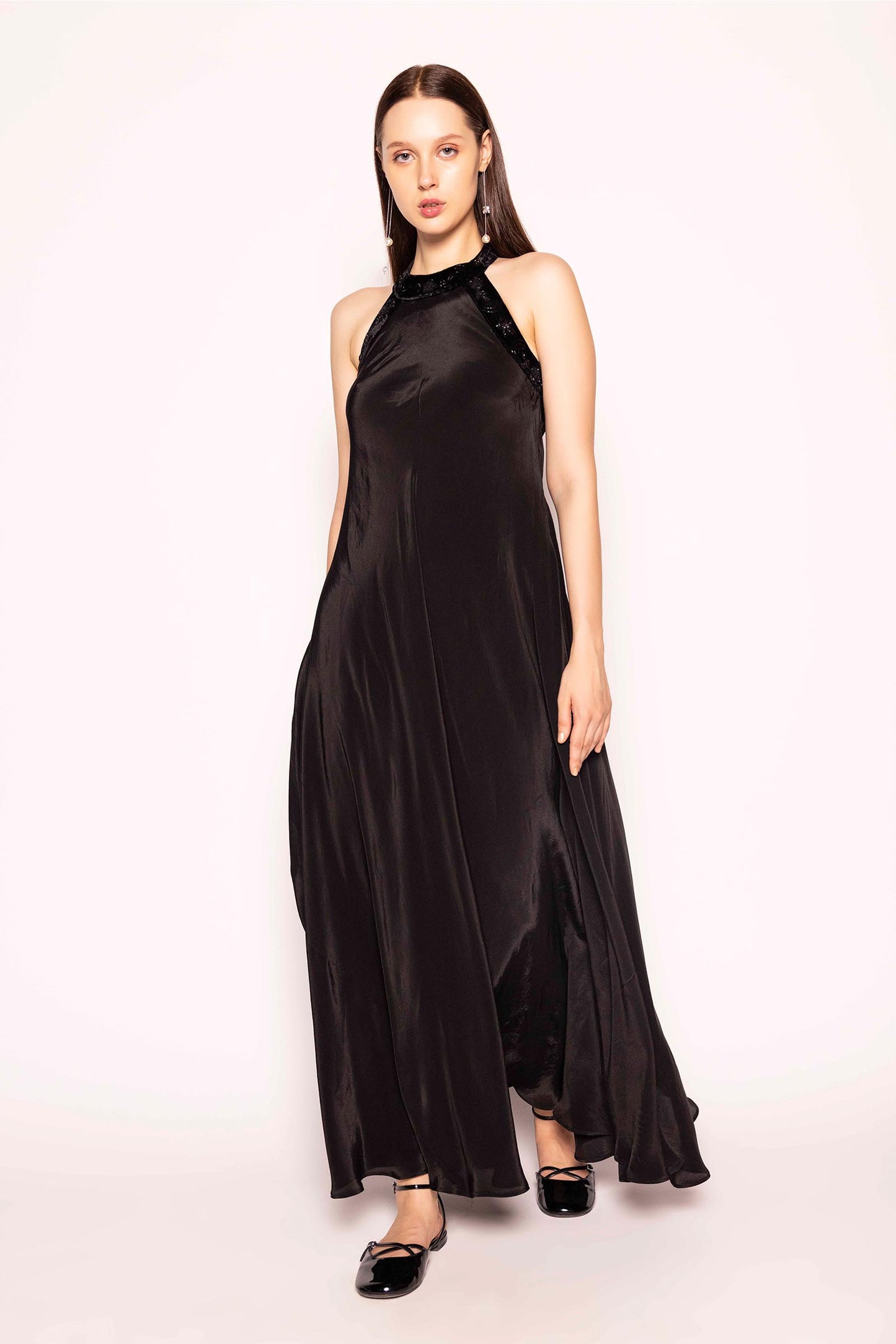 BLACK SILK EMBELLISHED STRAP GOWN