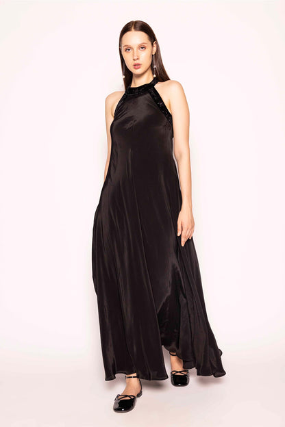 BLACK SILK EMBELLISHED STRAP GOWN