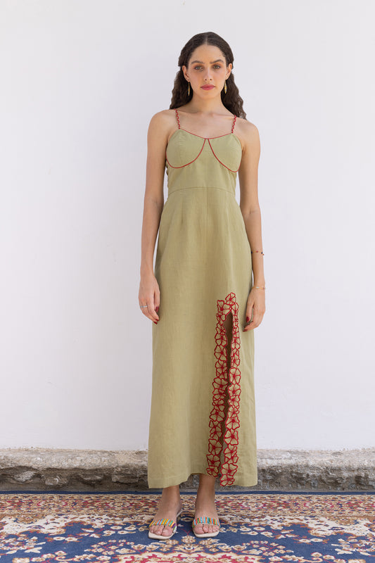 GREEN MARIGOLD SLIT DRES