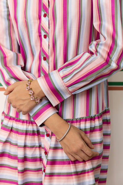 PINK LAND BORDER SHIRT DRESS