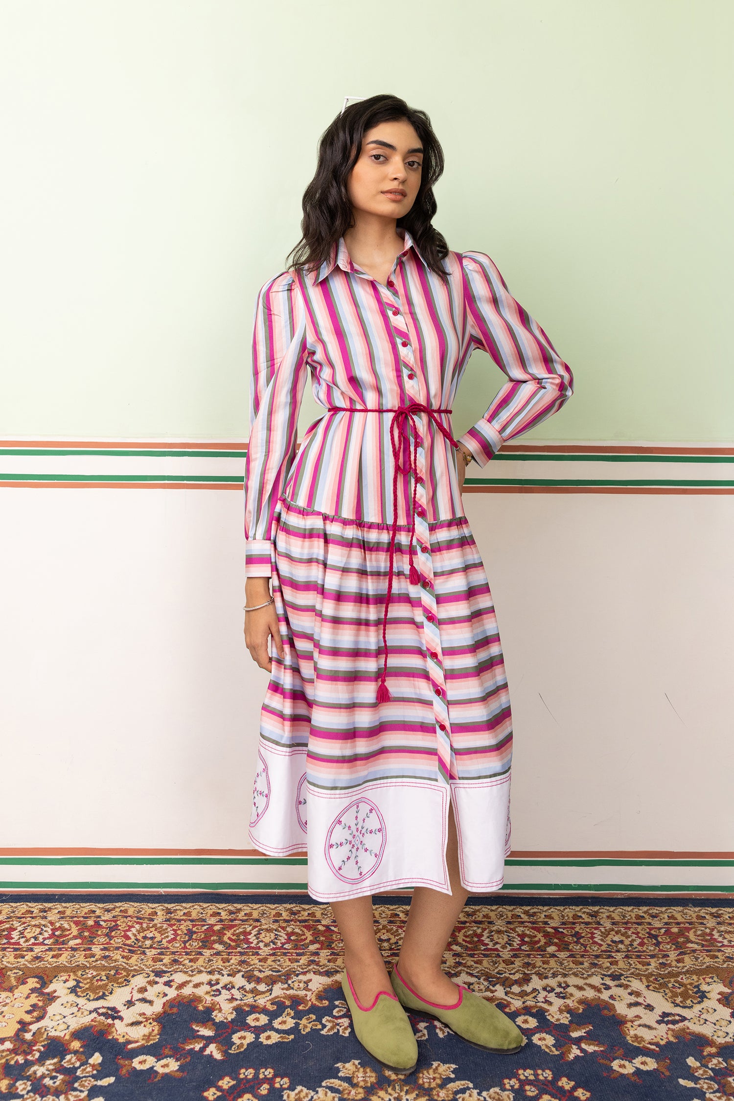 PINK LAND BORDER SHIRT DRESS