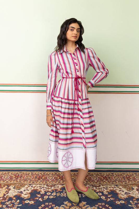 PINK LAND BORDER SHIRT DRESS