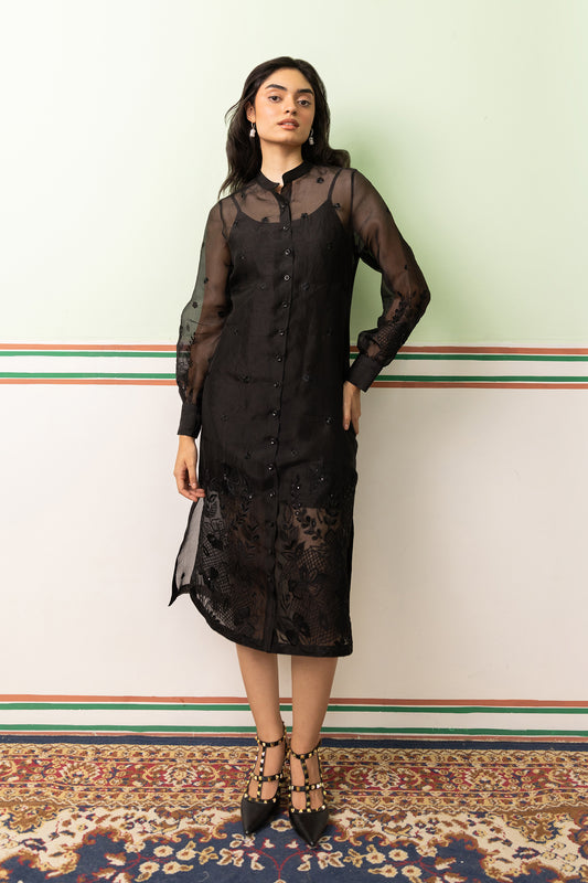 BLACK GARDEN OF FLOWERS SHIRT DRESS