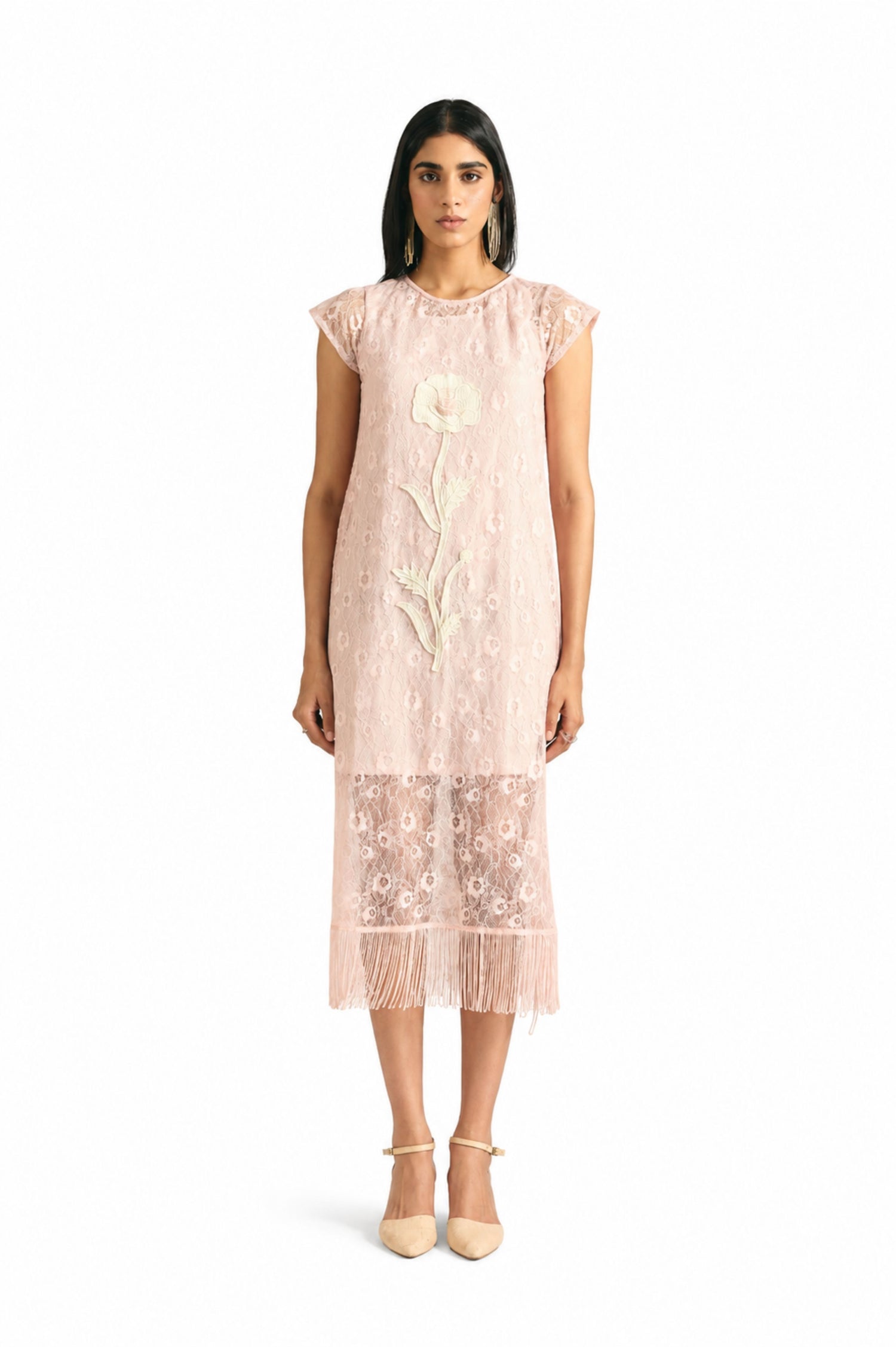 SHEER BLUSH FRINGE DRESS
