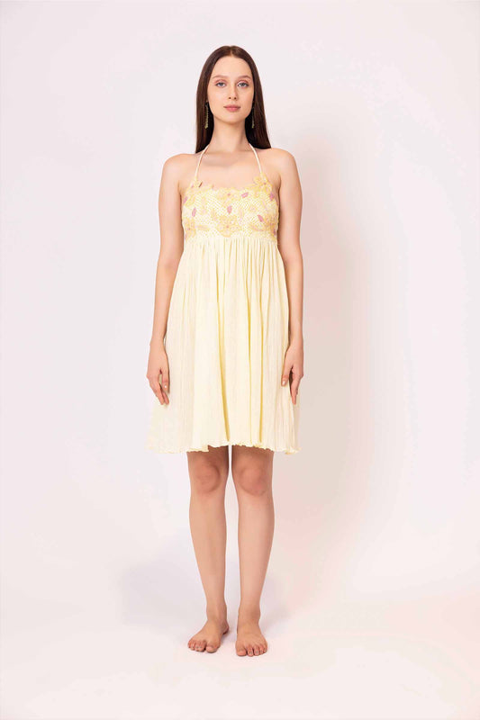 Iris Yellow Embellished Cut Work Short Dress