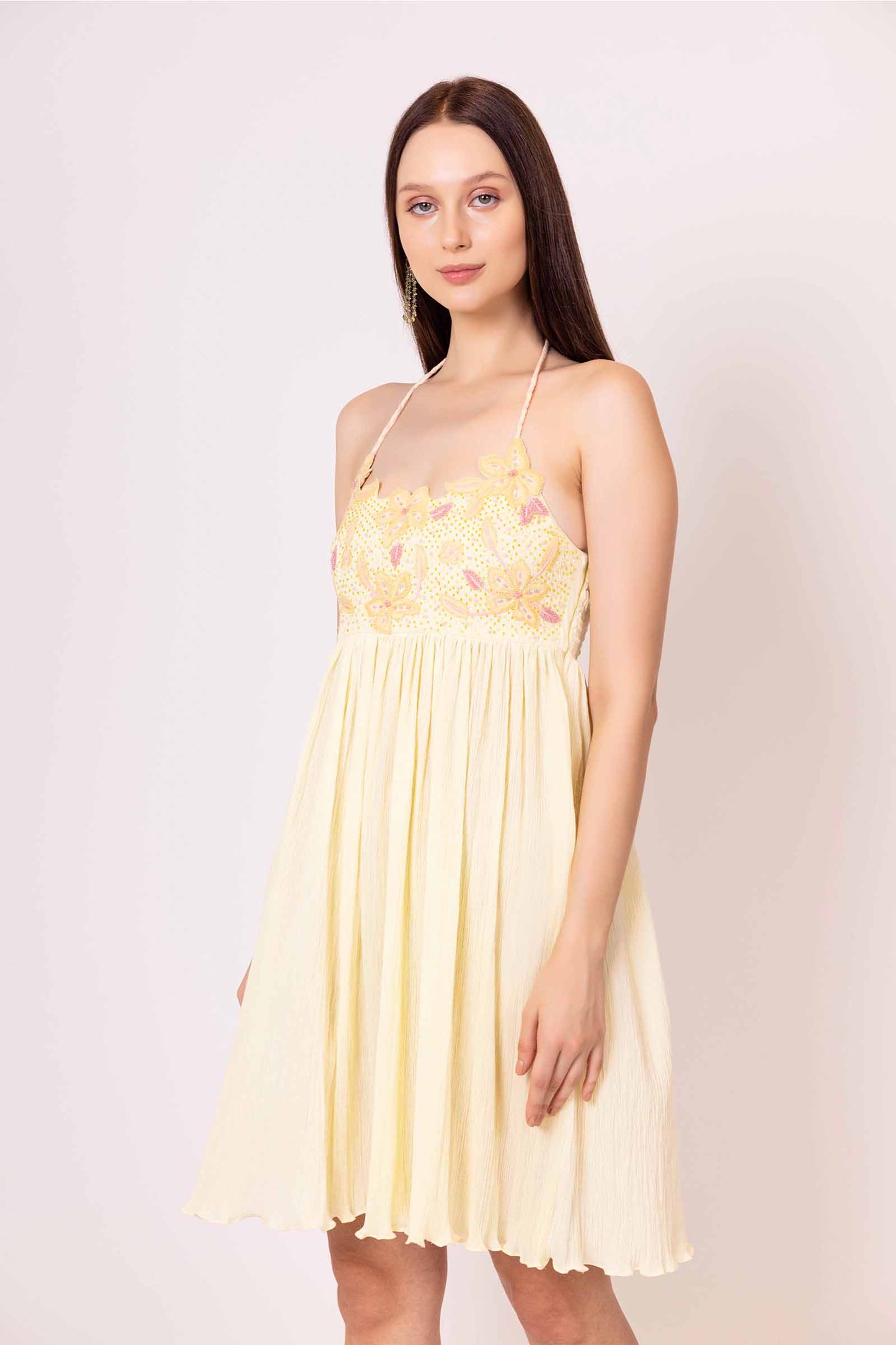 Iris Yellow Embellished Cut Work Short Dress