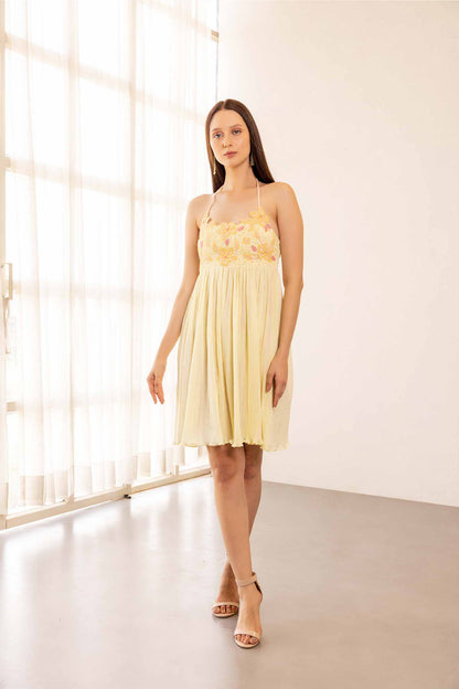 Iris Yellow Embellished Cut Work Short Dress