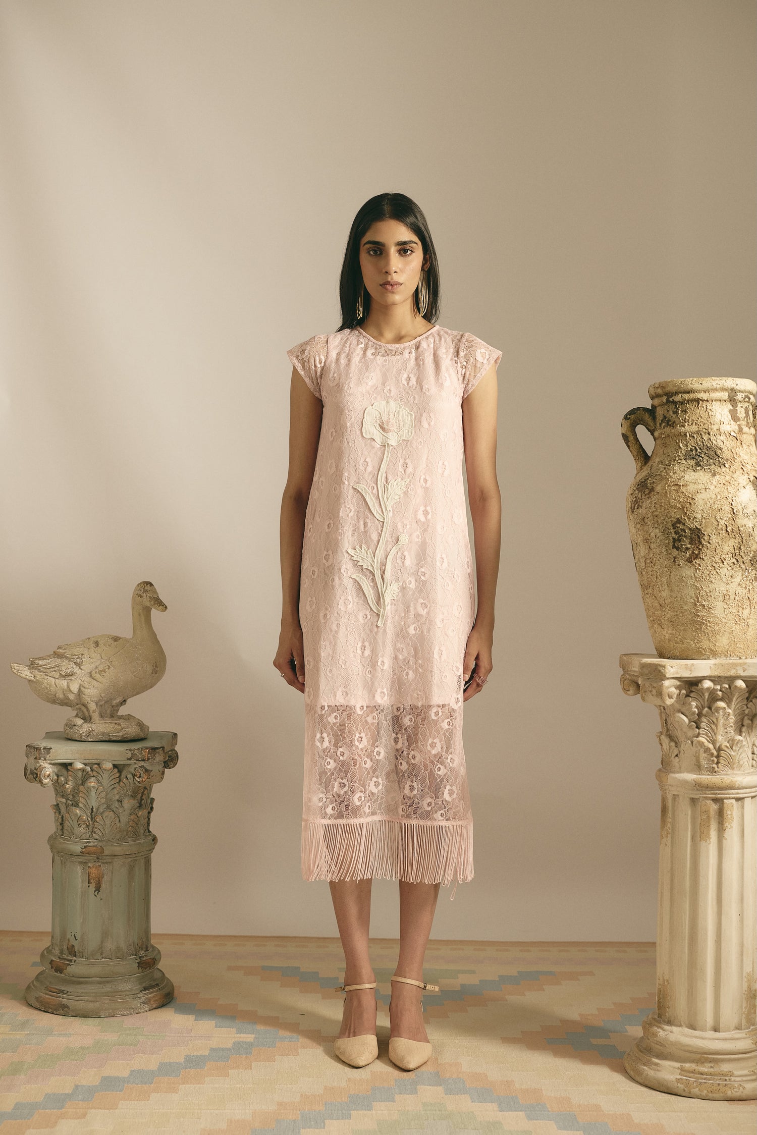 SHEER BLUSH FRINGE DRESS