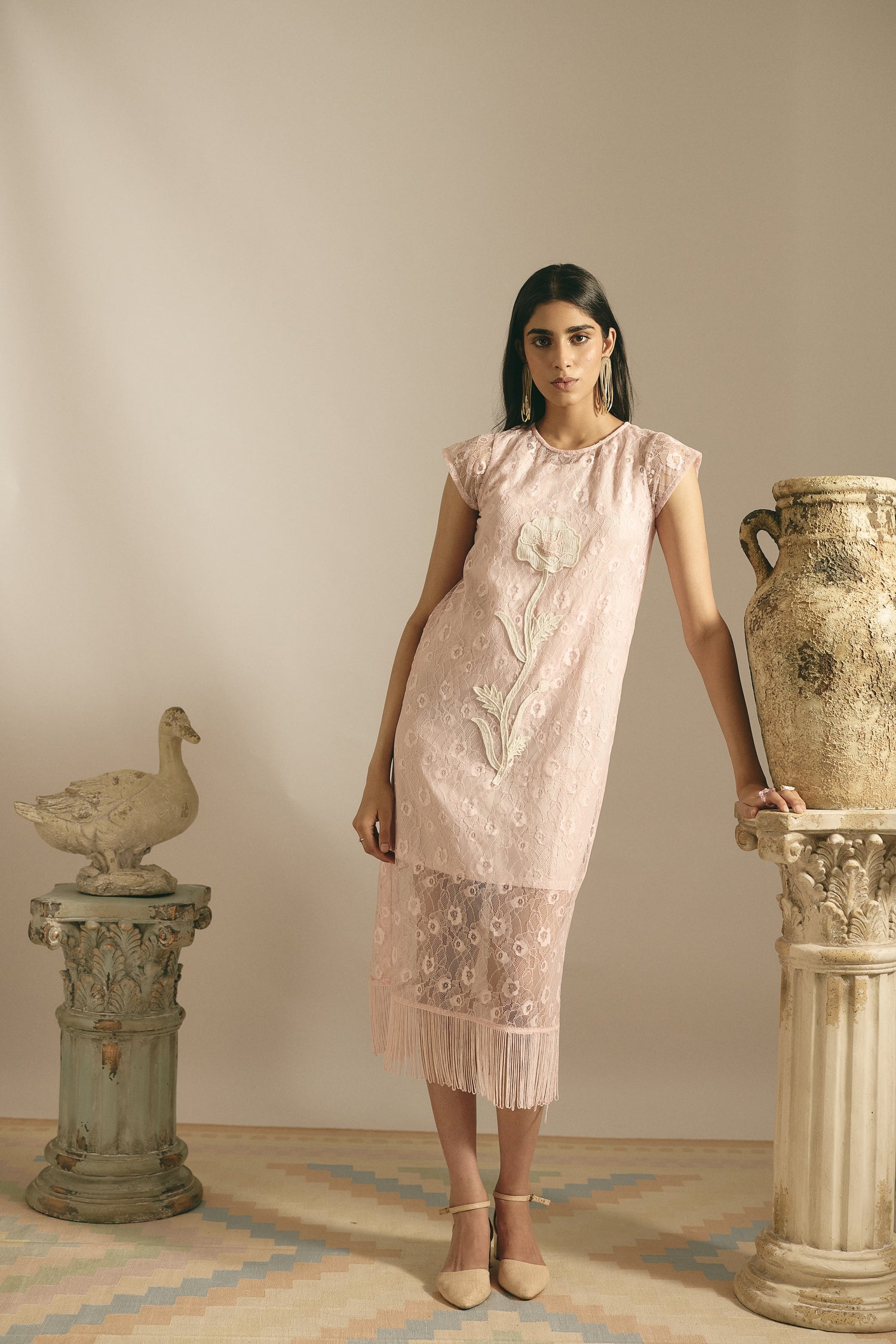 SHEER BLUSH FRINGE DRESS